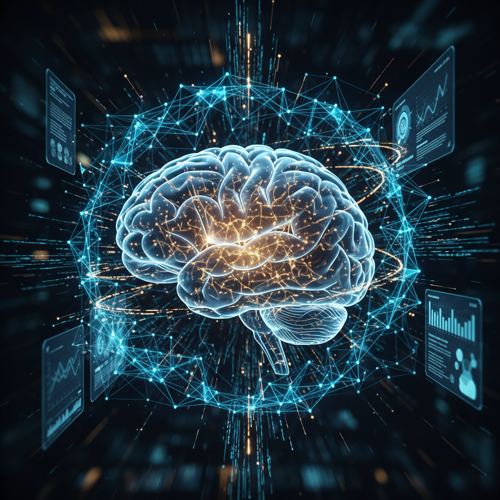 Representação visual que combina um cérebro humano estilizado (simbolizando inteligência emocional e pensamento crítico) com uma rede neural e elementos de IA. A imagem sugere a complementaridade entre a cognição humana e a capacidade da IA.