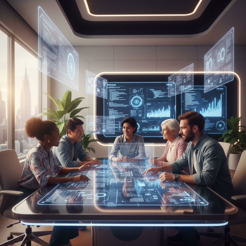 Equipe de pessoas diversas (em idade, gênero, etnia) trabalhando juntas em um ambiente moderno, com elementos tecnológicos visíveis (telas interativas, hologramas sutis). A imagem transmite colaboração, inclusão e o uso integrado da tecnologia no dia a dia.