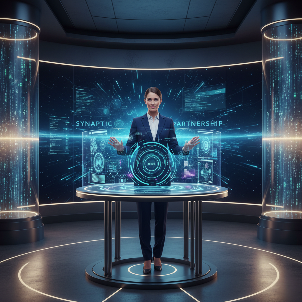 imagem que representa a colaboração harmoniosa entre um líder humano e elementos visuais que simbolizam a Inteligência Artificial (gráficos, dados, interfaces futuristas). A líder parece engajada e no controle, não sobrecarregada. Transmite inovação e confiança.