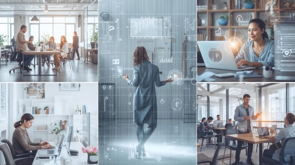 Pessoas trabalhando em diferentes locais (escritório moderno, home office organizado, café com laptop) com elementos visuais sutis de IA (gráficos de dados flutuantes, interfaces digitais transparentes em telas, hologramas discretos) integrados ao ambiente. A imagem transmite colaboração, fluidez e a integração natural da tecnologia no dia a dia, sem que a IA pareça ameaçadora ou dominante. 