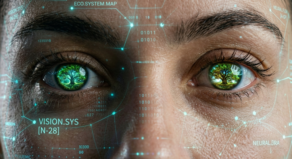 close-up de uma face humana sobreposta por uma malha de dados luminosa e sutil. No entanto, o olho humano está em foco nítido e reflete uma imagem de uma árvore orgânica e vibrante. A imagem transmite a fusão entre análise tecnológica e a profundidade da visão humana.