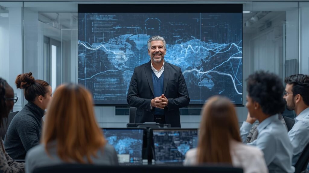 Um líder em pé, no centro de uma sala de reunião moderna. À sua frente, uma equipe diversa está engajada na discussão, com alguns membros presentes fisicamente e outros conectados via telas de alta resolução. Ao fundo, em uma tela maior, gráficos e dados abstratos de IA  que apoiam a discussão, mas não a dominam visualmente. A imagem transmite engajamento, colaboração inclusiva e o uso inteligente da tecnologia como suporte à decisão humana.