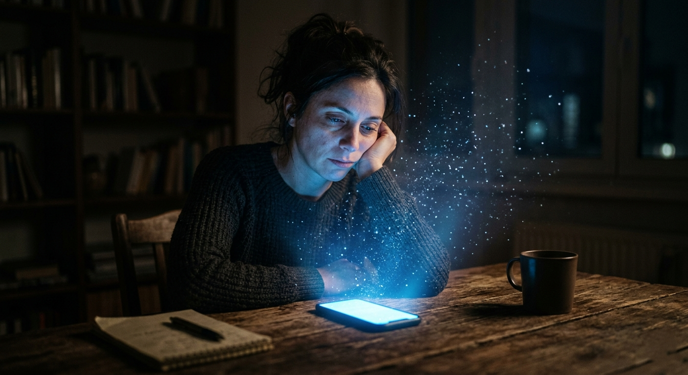 No centro de uma mesa de madeira rústica, um smartphone emite uma luz azulada e intensa que ilumina suavemente o rosto de uma pessoa na penumbra. A luz parece mágica, mas a expressão da pessoa é de sutil cansaço. Ao redor, partículas de poeira brilham na luz, simbolizando algo que se espalha.