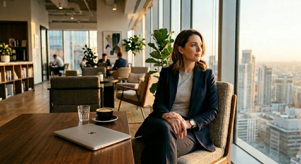 Uma profissional sentada de forma relaxada em um ambiente moderno, com um café ao lado, olhando para o horizonte. O notebook está fechado sobre a mesa. A imagem transmite uma sensação de "pausa controlada" e serenidade em meio ao sucesso. 
