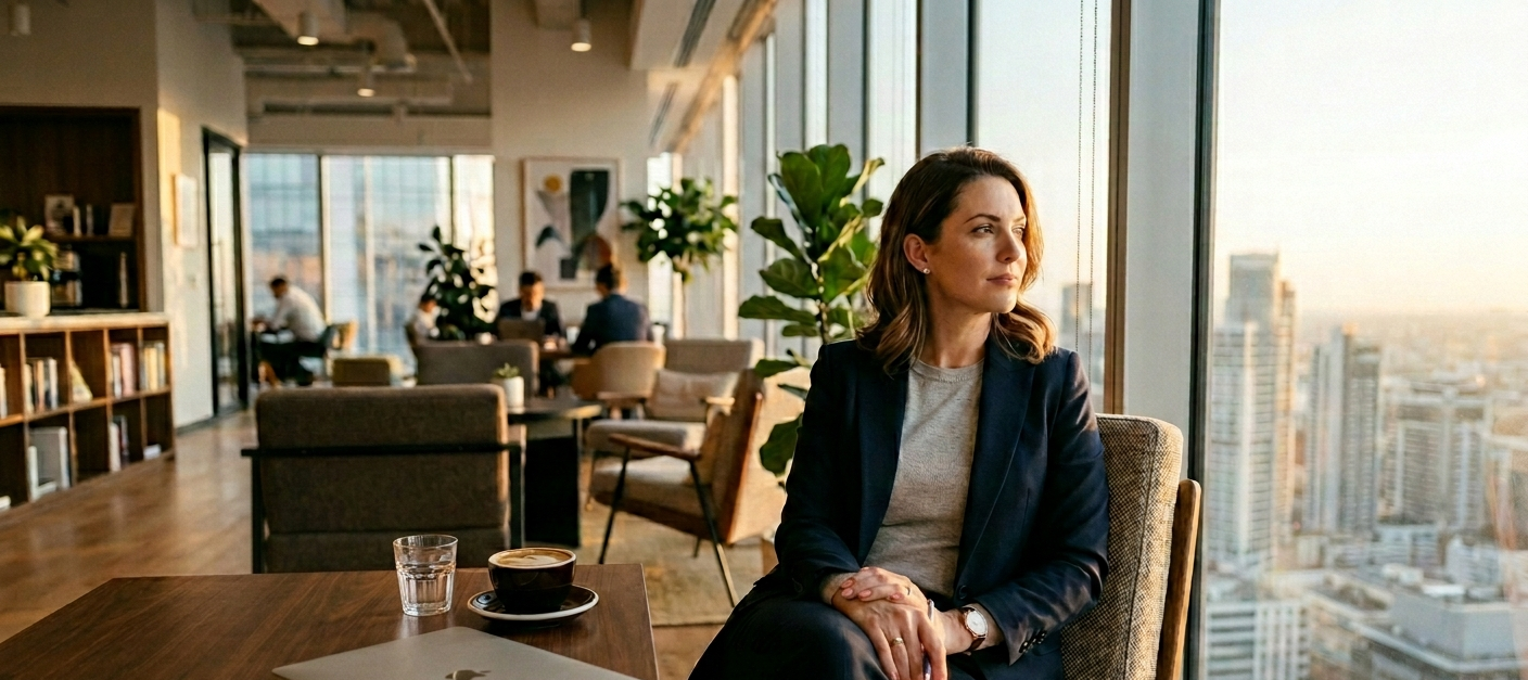 Uma profissional sentada de forma relaxada em um ambiente moderno, com um café ao lado, olhando para o horizonte. O notebook está fechado sobre a mesa. A imagem transmite uma sensação de "pausa controlada" e serenidade em meio ao sucesso.