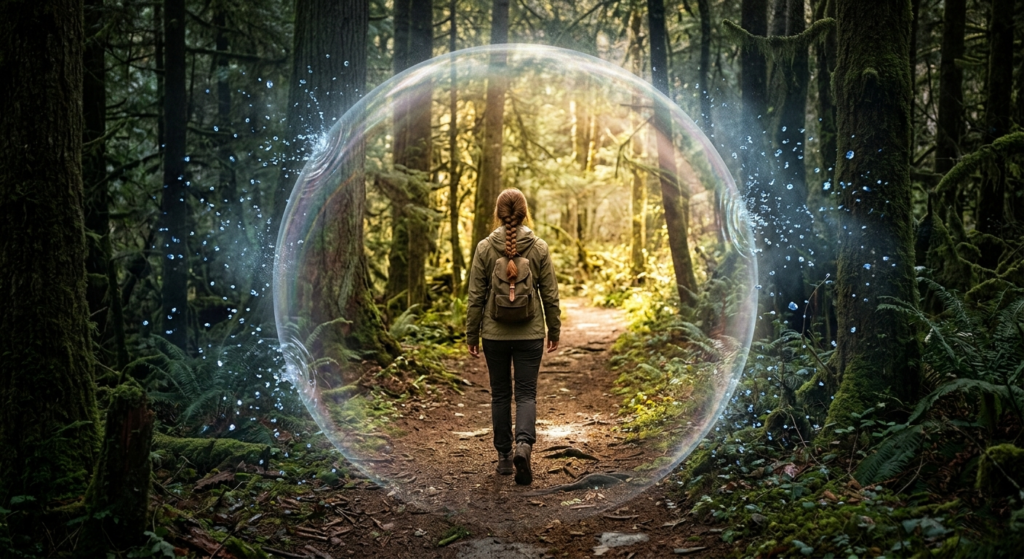 Uma pessoa caminhando em uma floresta, mas ao redor dela há uma bolha translúcida e protetora que filtra partículas de luz fria que tentam entrar. Transmite paz, proteção e clareza.