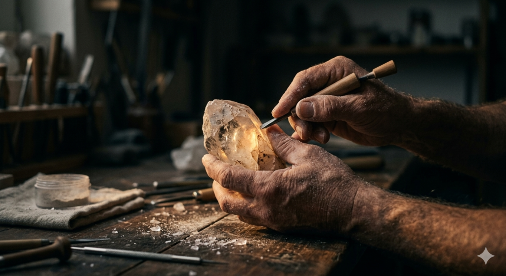 Mãos firmes e precisas esculpem uma peça de cristal bruto que começa a emitir uma luz suave e quente de dentro para fora. O ambiente é um ateliê minimalista e sofisticado, com sombras profundas e uma luz lateral que destaca a textura do material. Transmite a ideia de que a liderança é um trabalho artesanal, solitário e de extrema precisão.
