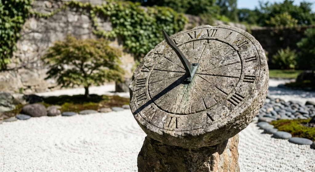 Um relógio de sol em pedra, posicionado em um jardim zen minimalista. A sombra é nítida, apontando para o centro. Ao redor, o ambiente é calmo, mas o relógio permanece firme, imutável. Representa a liderança atemporal e a clareza de direção. 