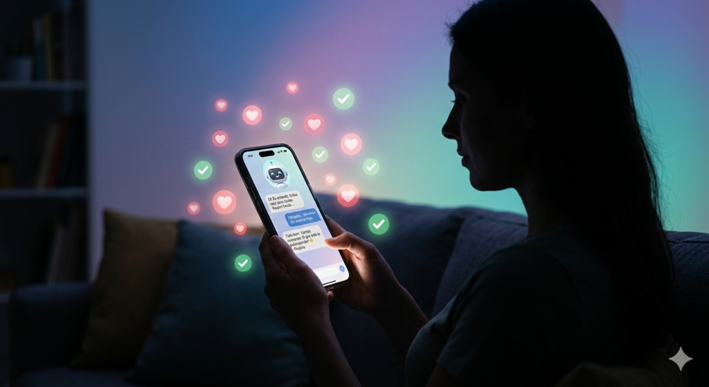 Chatbot de IA oferecendo suporte terapêutico acessível 24/7.