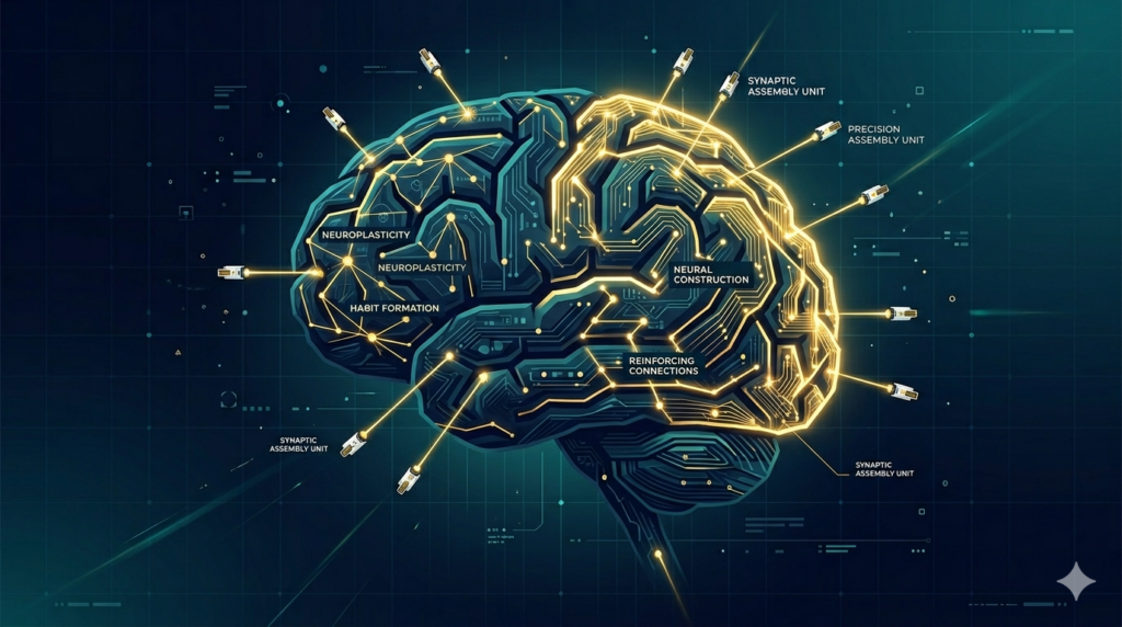 Uma ilustração conceitual de alta tecnologia de um cérebro humano com vias neurais douradas e brilhantes sendo construídas passo a passo por minúsculas e precisas linhas de laser.