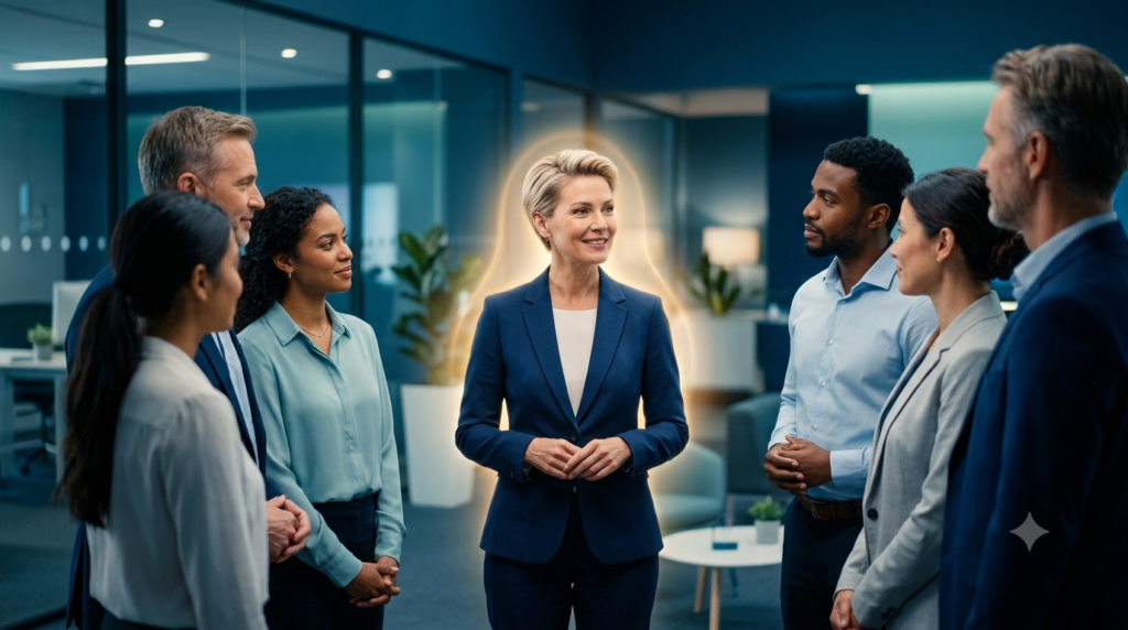 Um ambiente de escritório corporativo moderno com uma equipe diversificada observando um líder calmo e confiante, que sorri e ouve atentamente. Uma aura sutil e radiante de luz dourada envolve o líder, simbolizando empatia e clareza emocional.