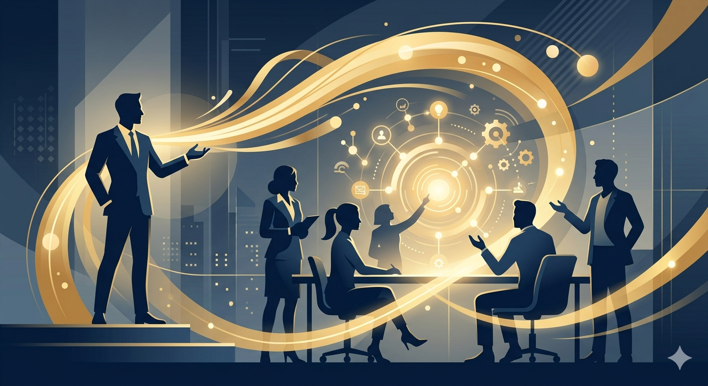 Uma ilustração profissional moderna e minimalista que mostra silhuetas abstratas de membros de uma equipe corporativa colaborando em torno de uma visão estratégica central. Uma luz orgânica suave e brilhante, juntamente com curvas ascendentes em tons dourados, fluem de uma figura de líder moderna para a equipe, representando inspiração e estímulo intelectual.