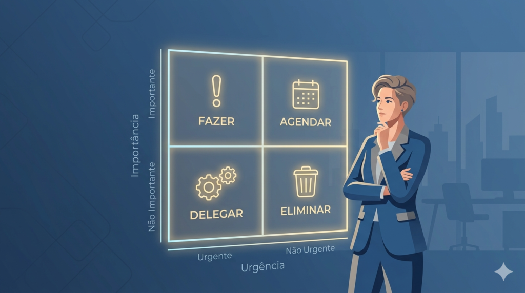 um profissional em pé diante de uma matriz futurista e brilhante de grade 2x2. A matriz representa a gestão do tempo e a tomada de decisões. 