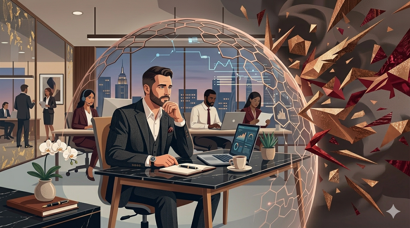 Ilustração minimalista sobre burnout na liderança mostrando o estresse corporativo e a fadiga de decisão de um executivo.